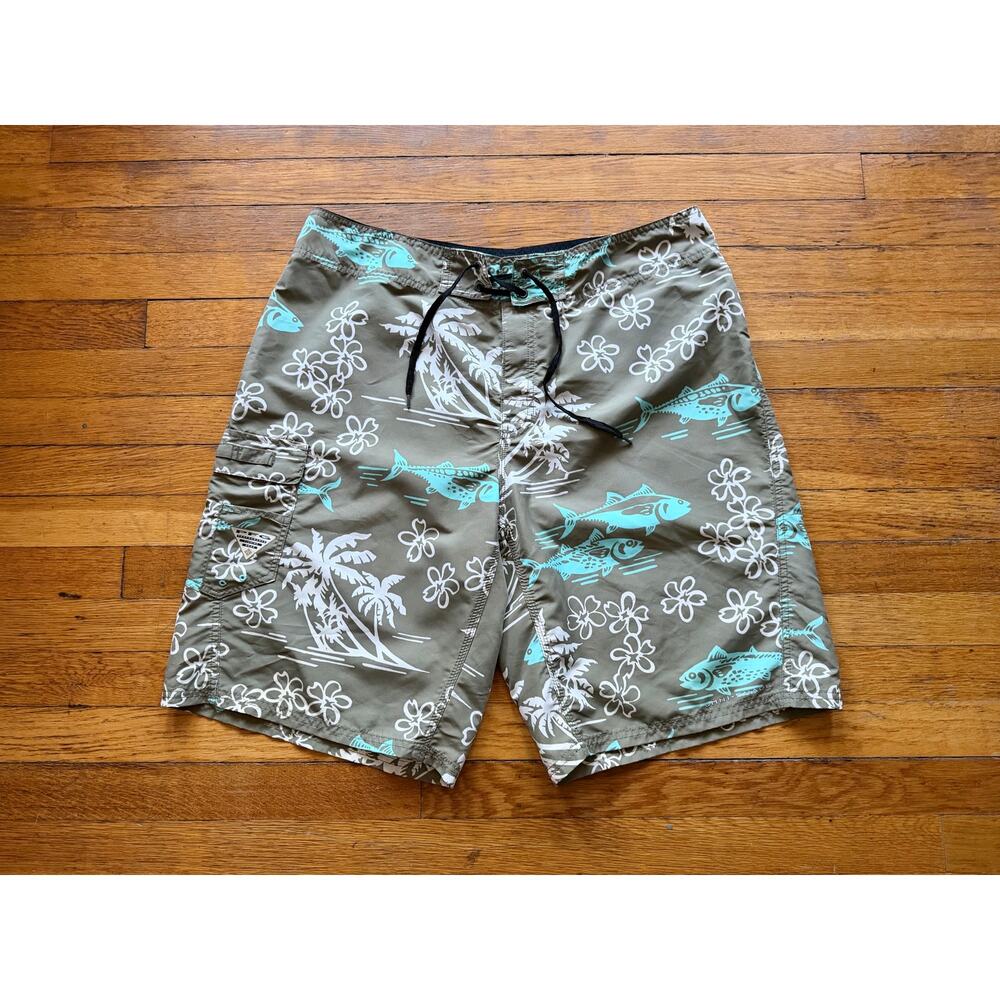 COLUMBIA PFG Omni-Shade 'Fish Responsibly' Green Swim Shorts Mens sz 38